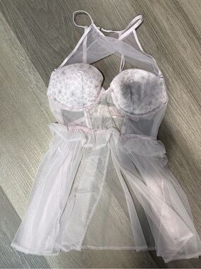 Victoria's Secret Pale Pink Sheer Lace Babydoll Chemise high neck 34B NWOT